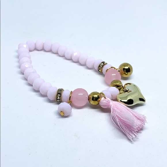 Pastel Pink Tassel Gold Heart Charm Bracelet - Picture 3 of 4